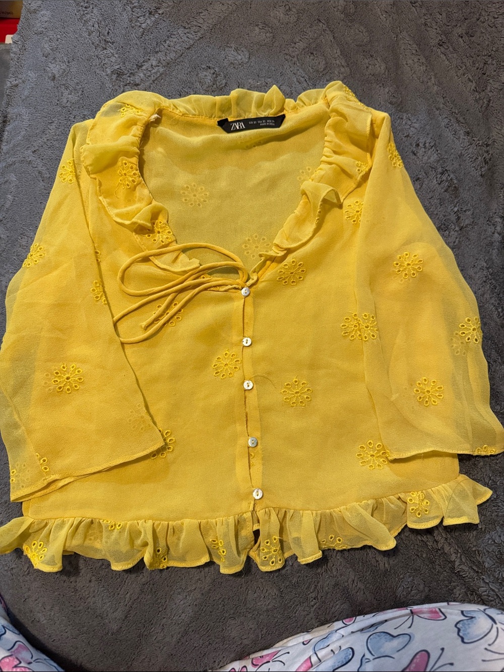 Zara Yellow Eyelet Ruffle Tie-Front Blouse